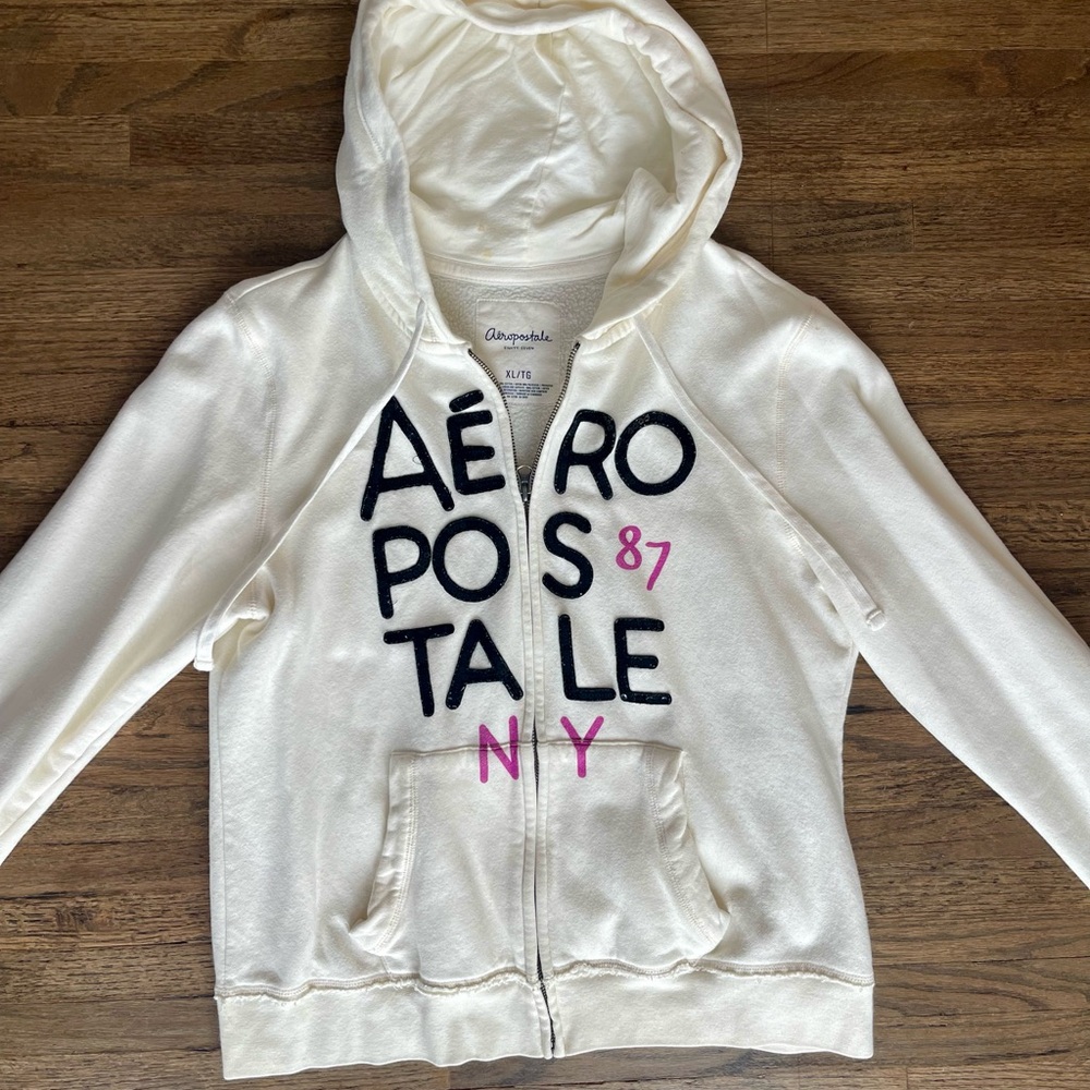 Aeropostale White Hoodie with Navy & Pink Logo